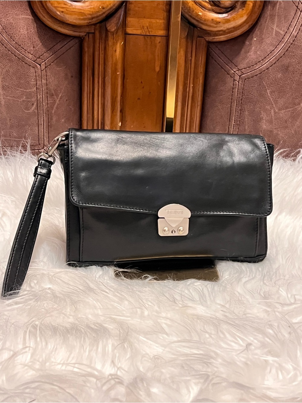 Tumi Black Leather Wristlet Clutch with Silver-Tone Lock - Picture 1 of 14